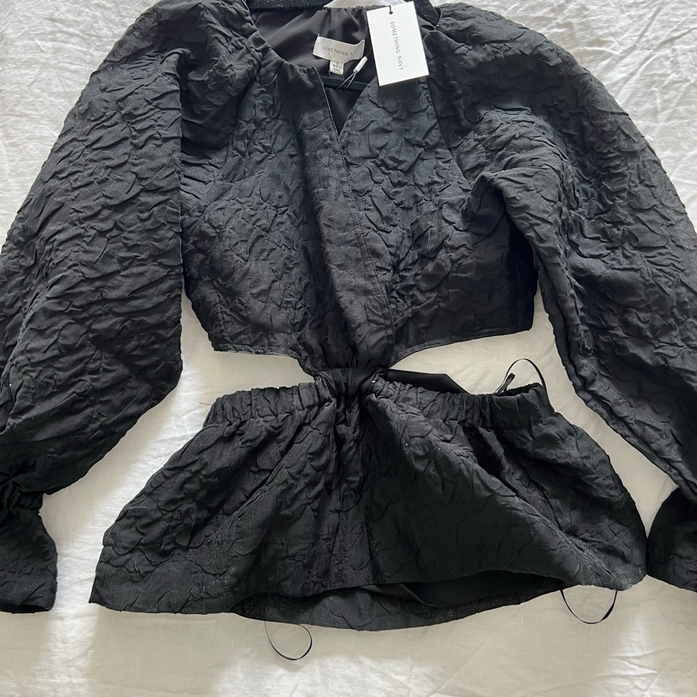 Something Navy Organza Long Sleeve Wrap Top with Cutouts
